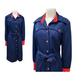Vintage 1970s Navy Western Shirt Dress Bandana Print Collar & Cuffs / Medium -